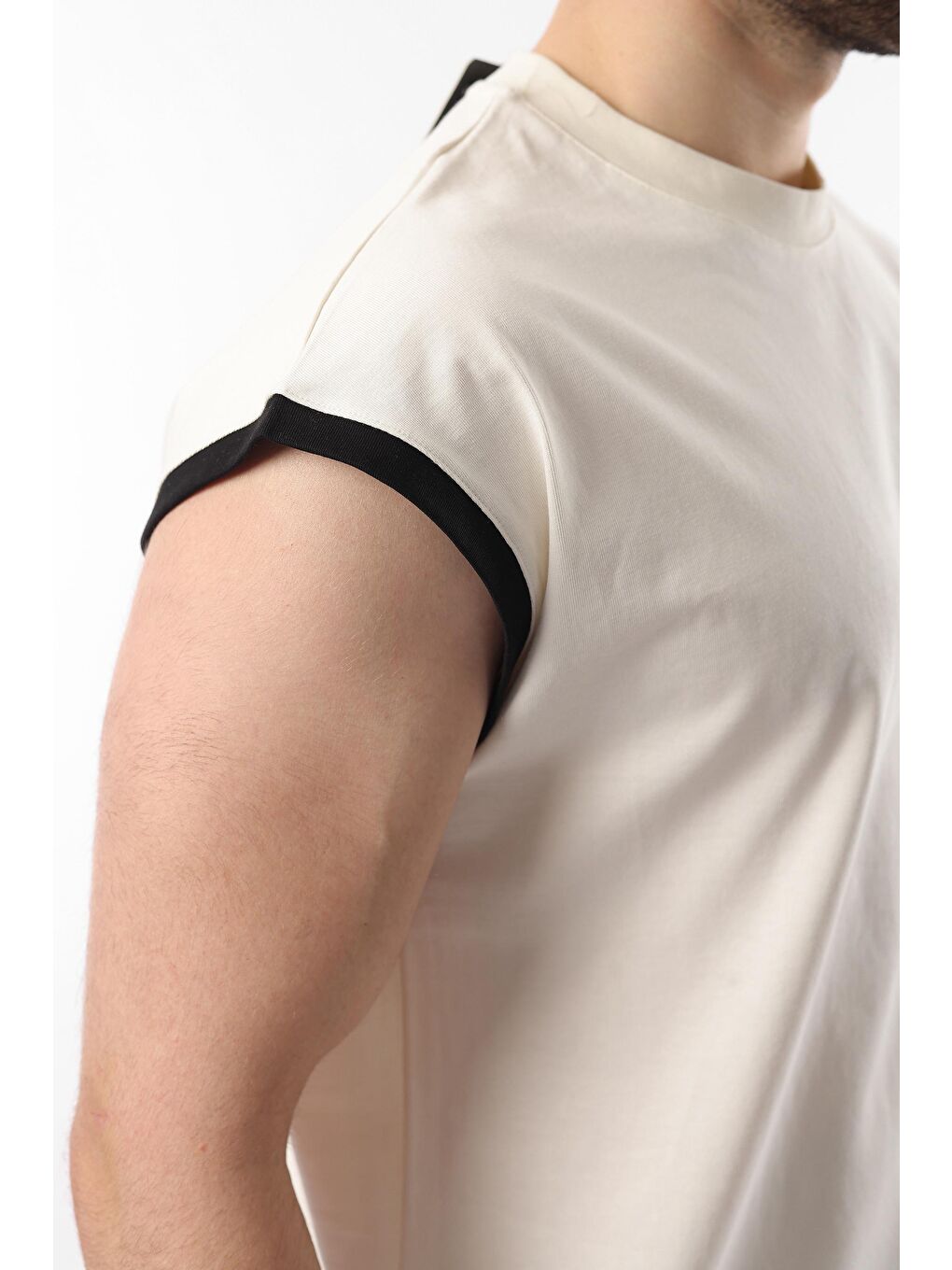 Ekru Sıfır Kol Erkek Şort Tişört %100 Pamuk Takım E7308-4