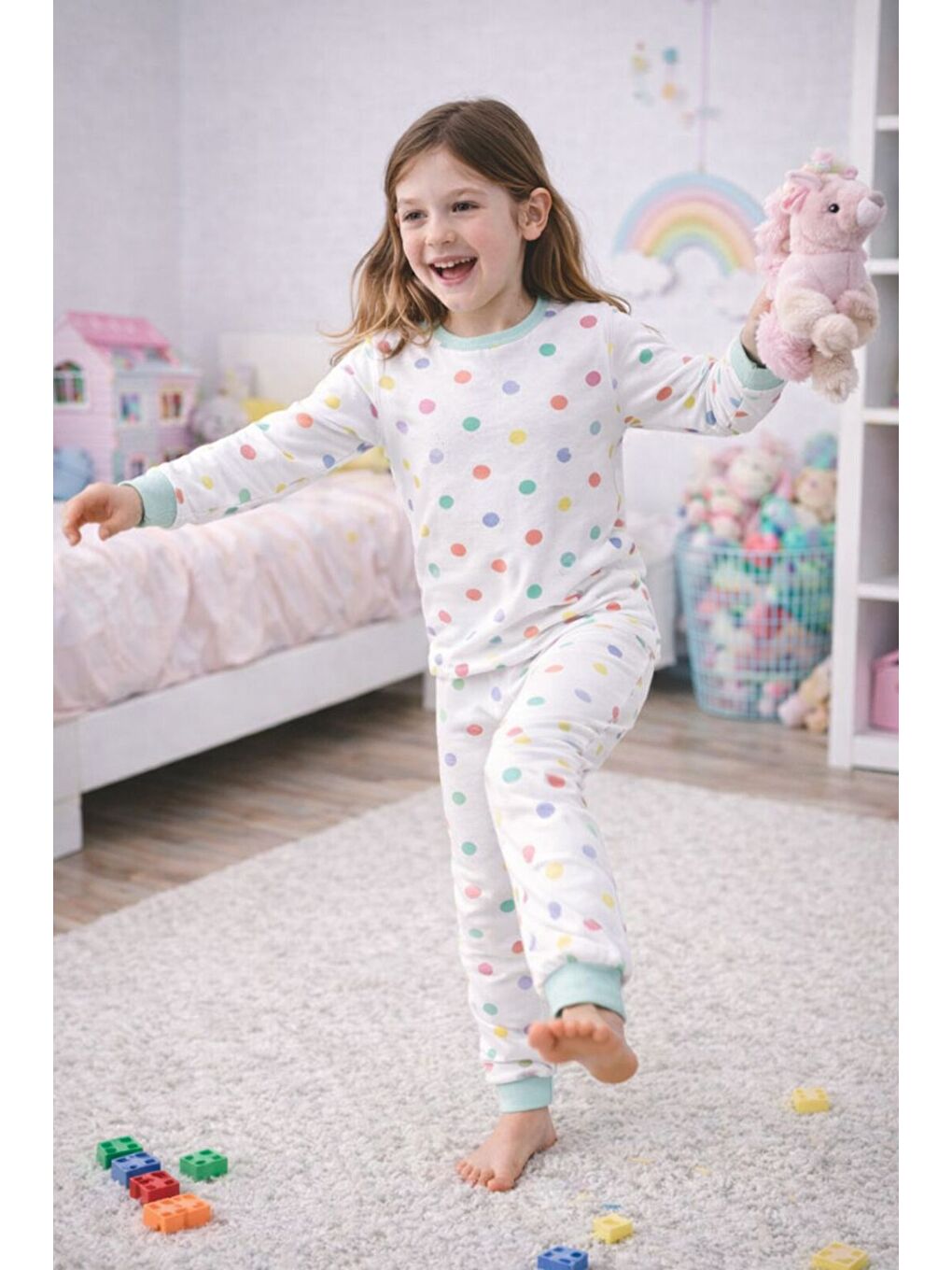 Beyaz Kız Çocuk Renk Paleti Desenli 8 - 13 Yaş Pijama Takımı-4