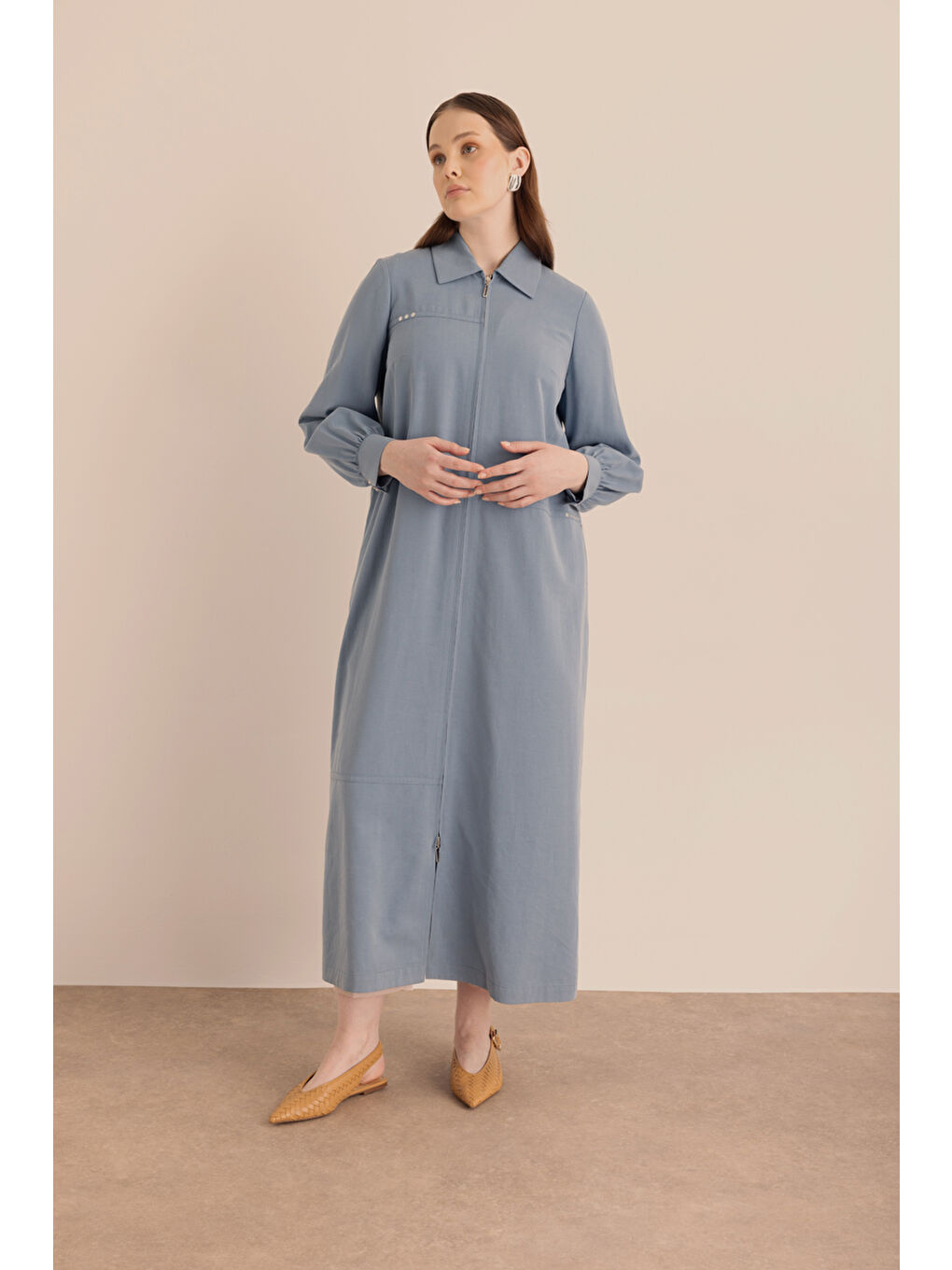 Lacivert Önden Fermuarlı Lyocell Pamuk Ferace-1