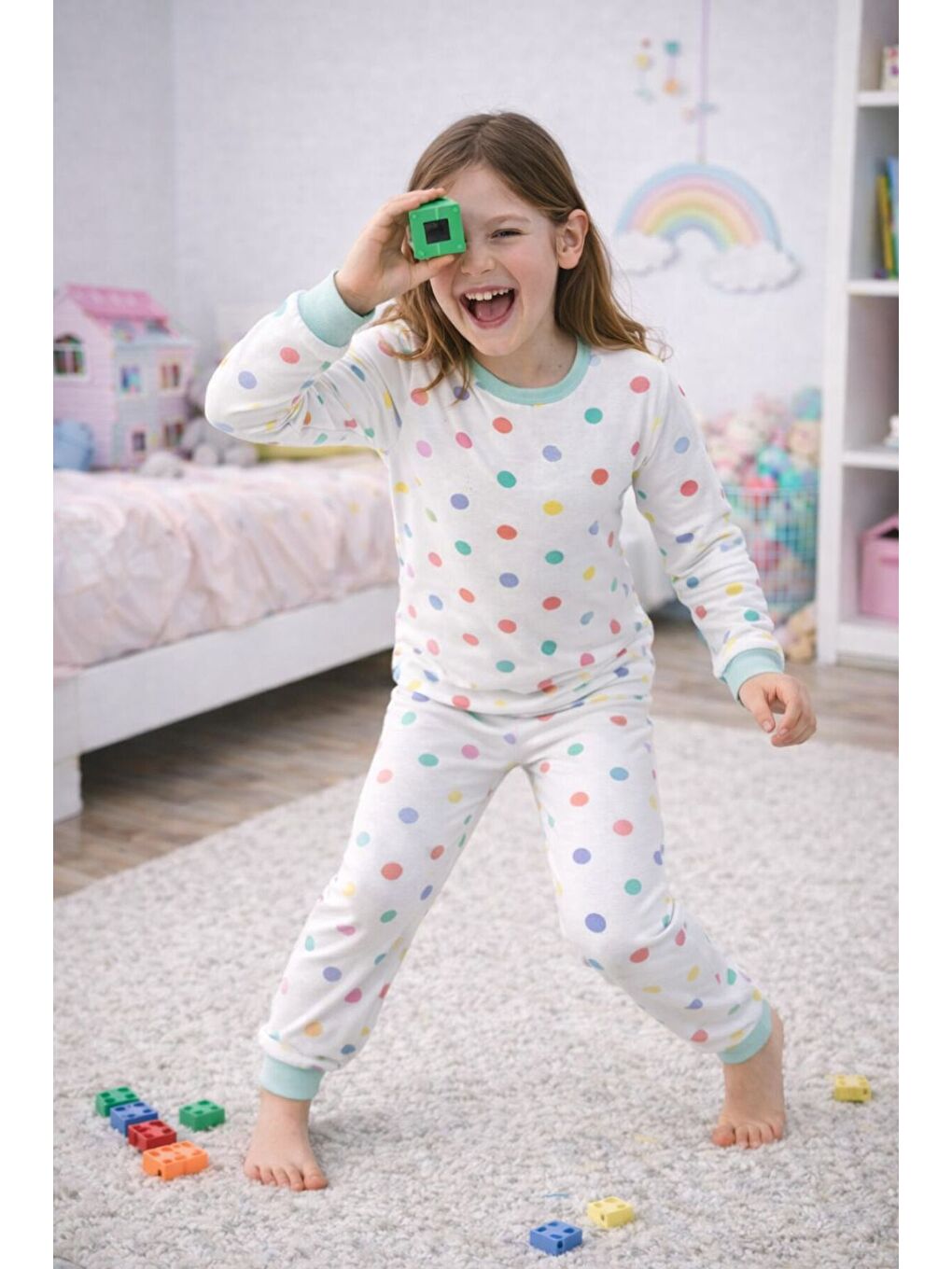Beyaz Kız Çocuk Renk Paleti Desenli 8 - 13 Yaş Pijama Takımı-5