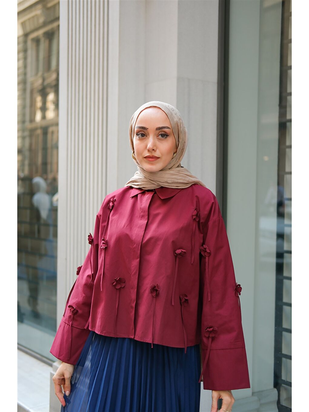 Kadın Çiçek Desenli Gömlek Bordo-2