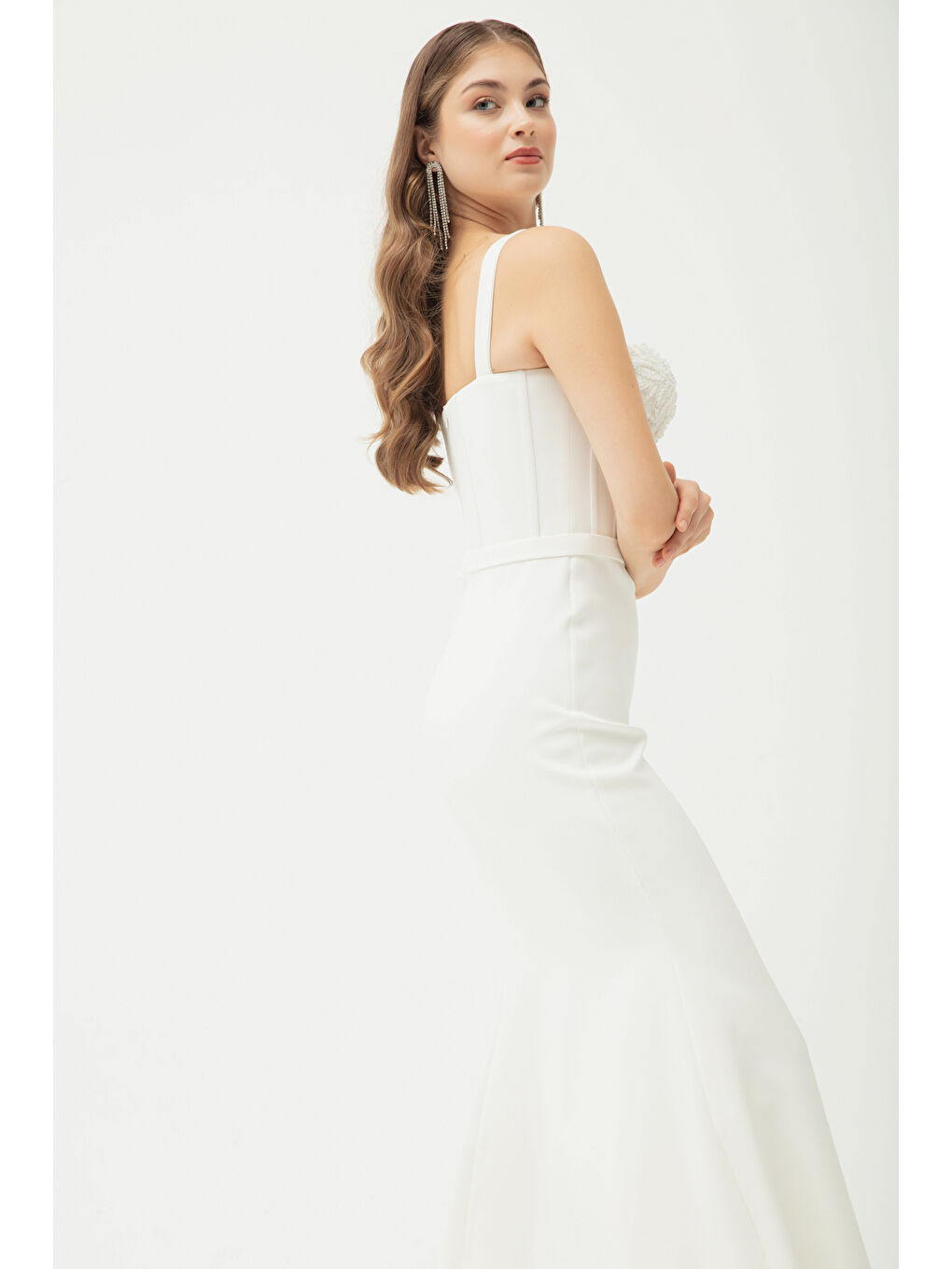 Kadın Beyaz Taşlı Balen Korse Yırtmaçlı Uzun Saten Abiye-2