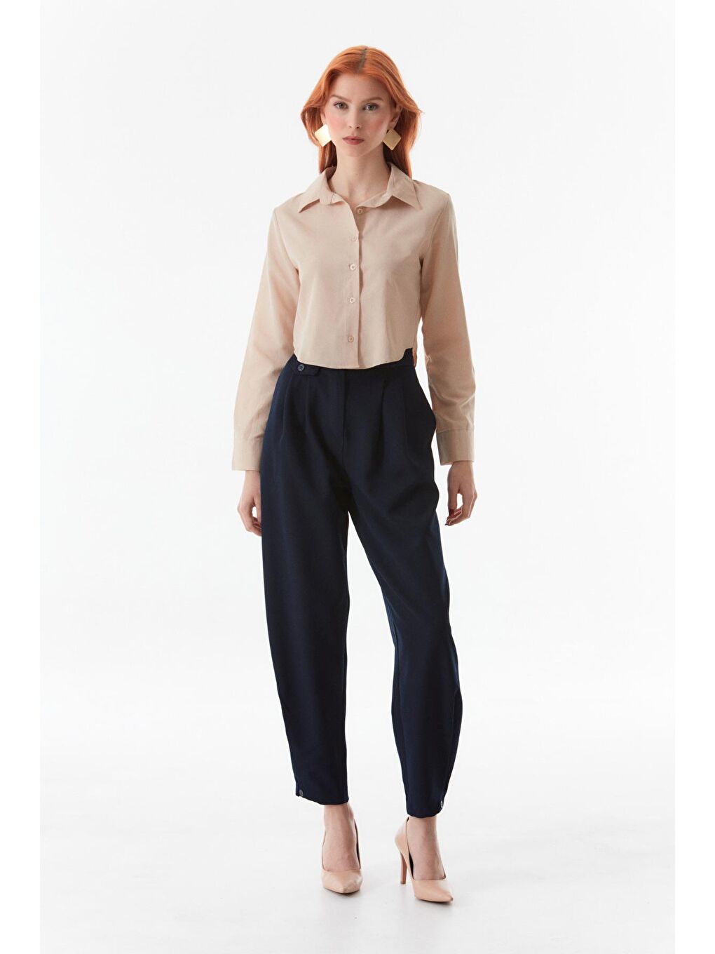 Bej Basic Uzun Kollu Crop Gömlek-3