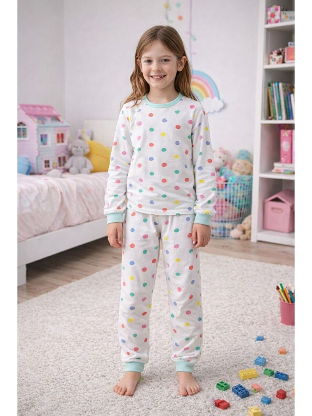 Beyaz Kız Çocuk Renk Paleti Desenli 8 - 13 Yaş Pijama Takımı-6