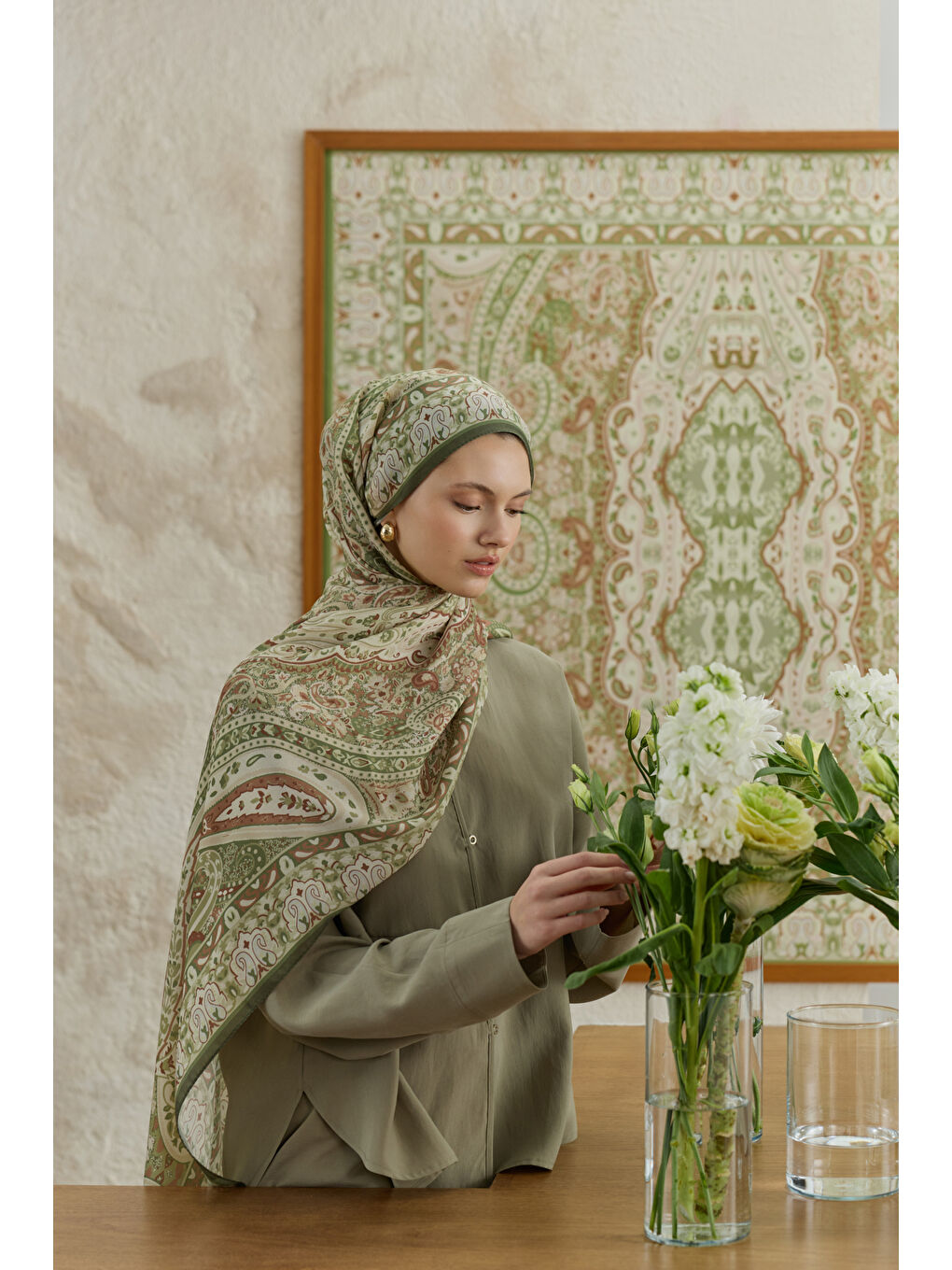 Yeşil Cupra Prive Desenli Şal Saga Olive-3