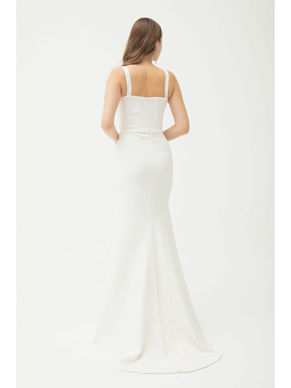 Kadın Beyaz Taşlı Balen Korse Yırtmaçlı Uzun Saten Abiye-4