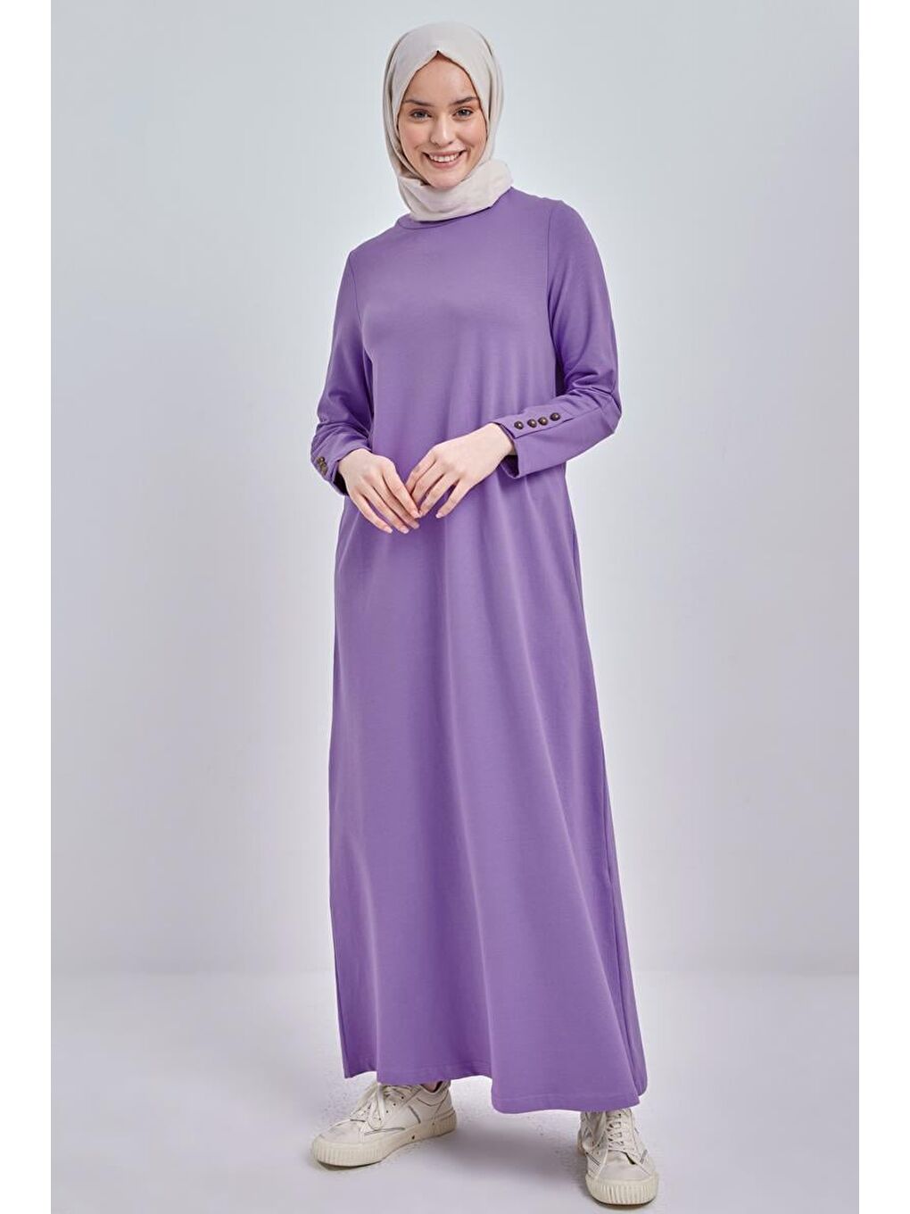 Mor-Pamuklu Kolları Düğmeli Penye Elbise
