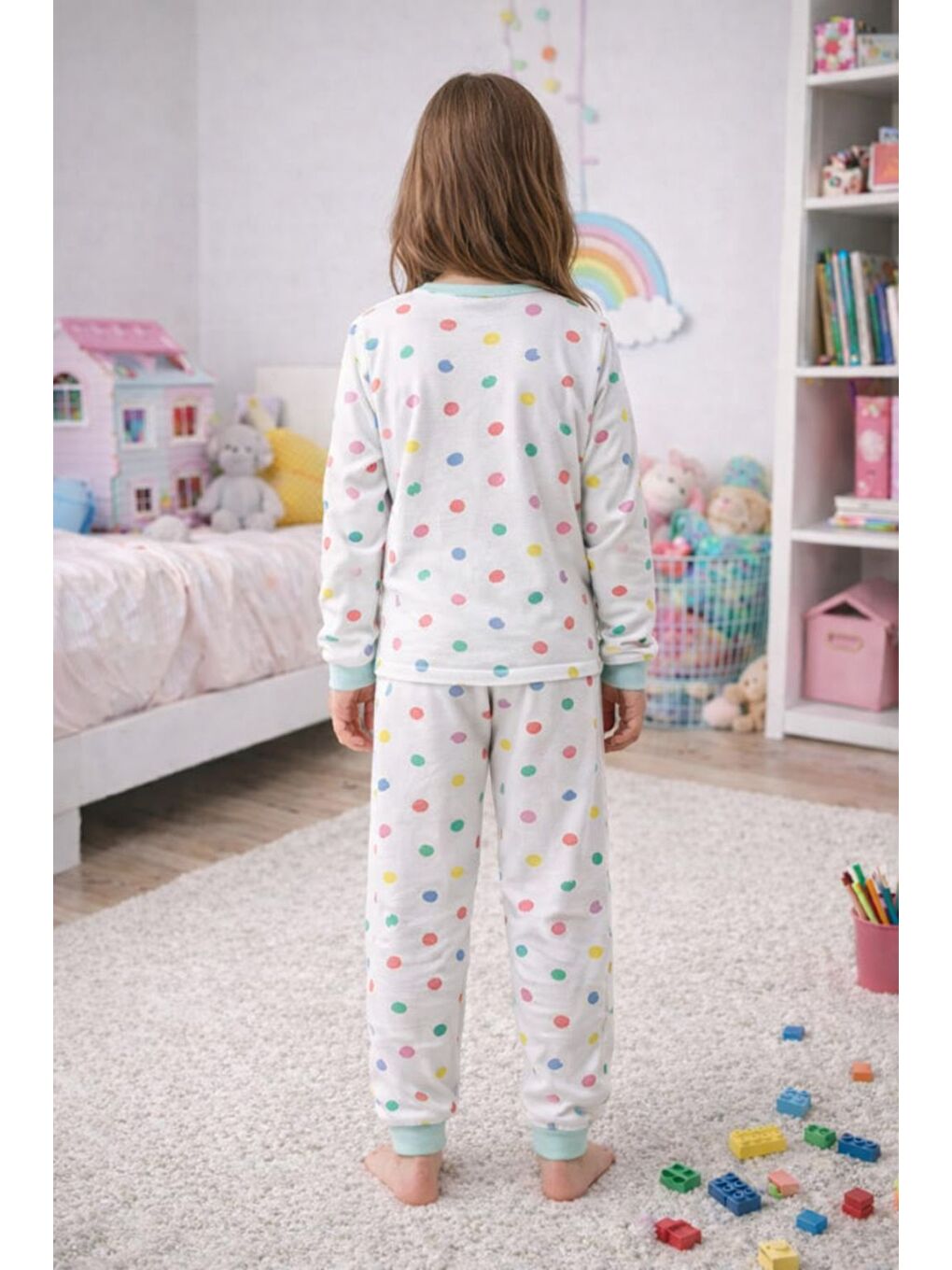 Beyaz Kız Çocuk Renk Paleti Desenli 8 - 13 Yaş Pijama Takımı-7
