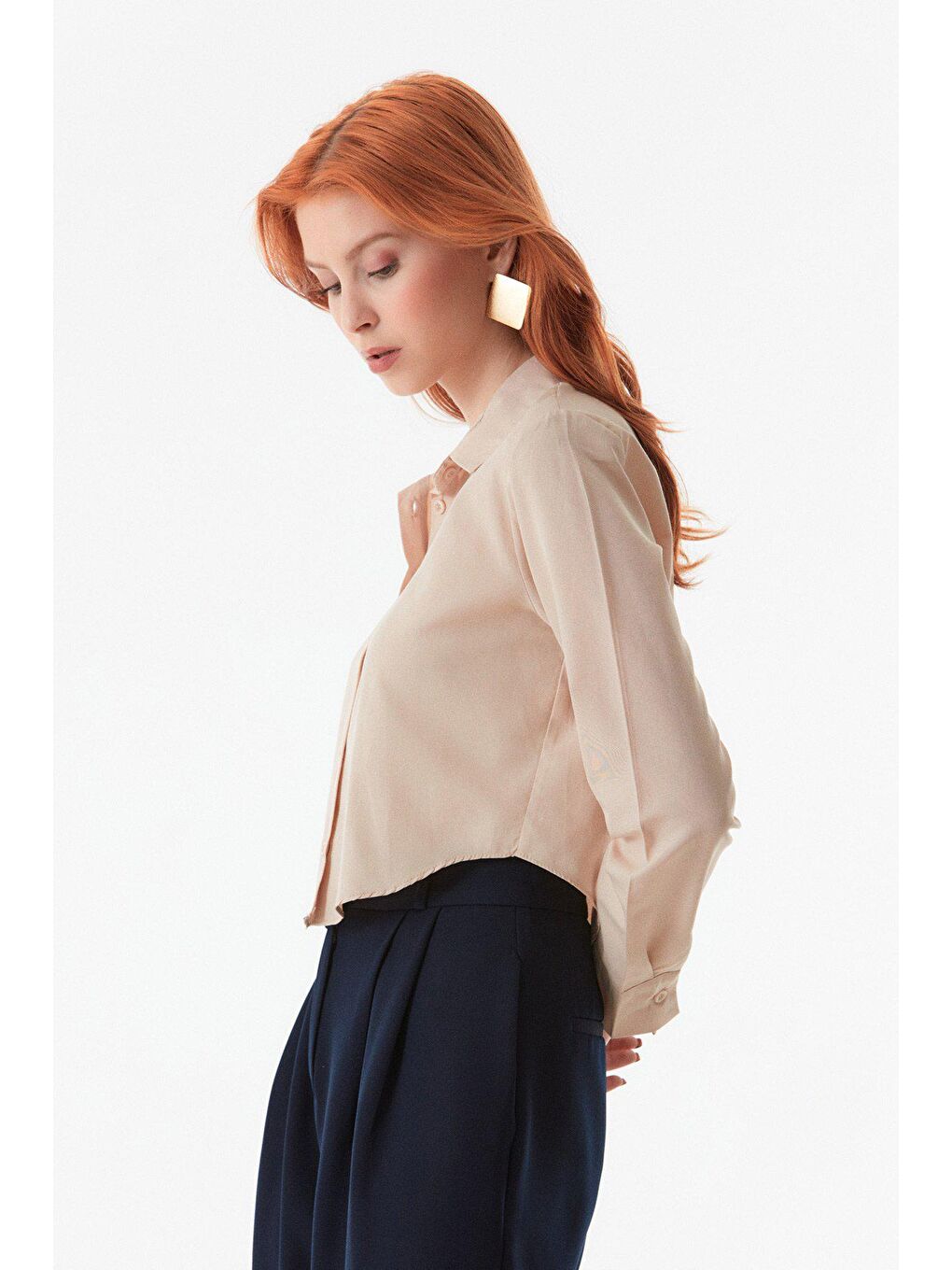 Bej Basic Uzun Kollu Crop Gömlek-4