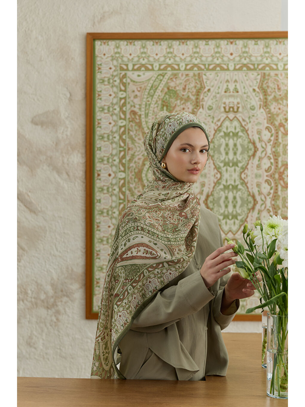 Yeşil Cupra Prive Desenli Şal Saga Olive-4