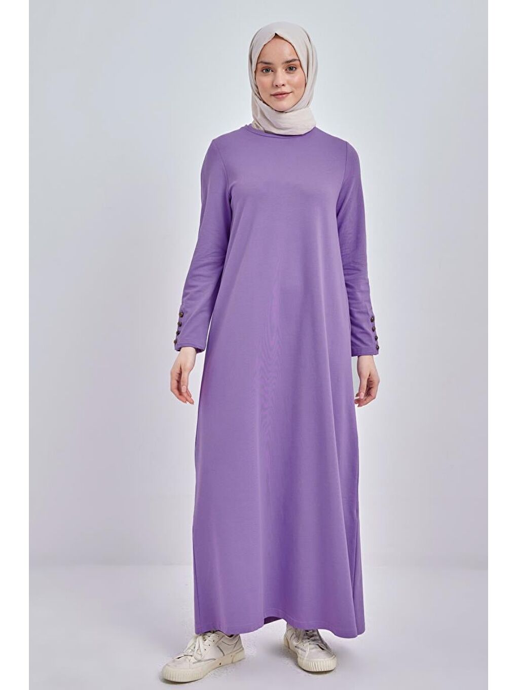Mor-Pamuklu Kolları Düğmeli Penye Elbise-1