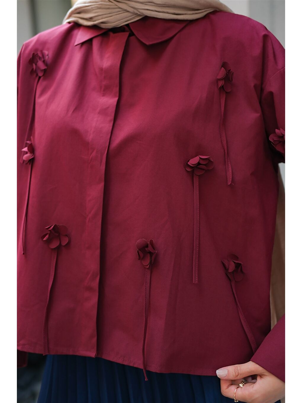 Kadın Çiçek Desenli Gömlek Bordo-3