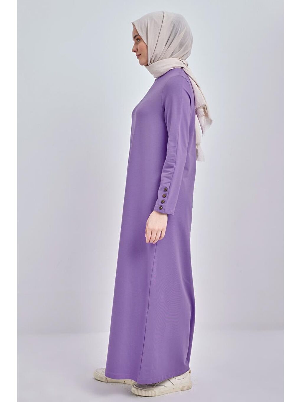 Mor-Pamuklu Kolları Düğmeli Penye Elbise-2