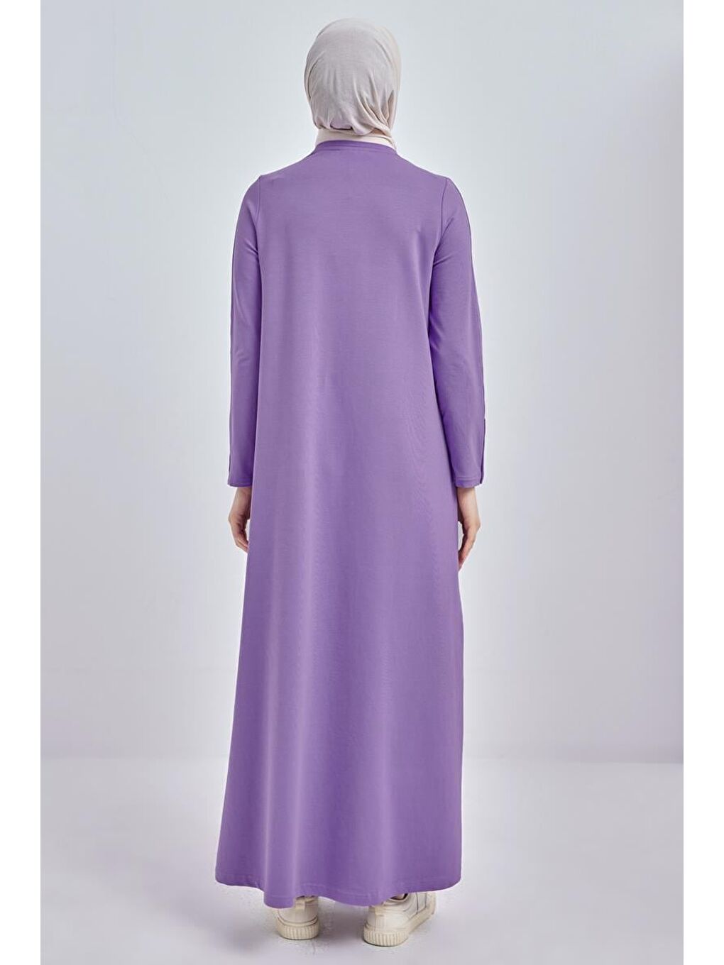 Mor-Pamuklu Kolları Düğmeli Penye Elbise-3