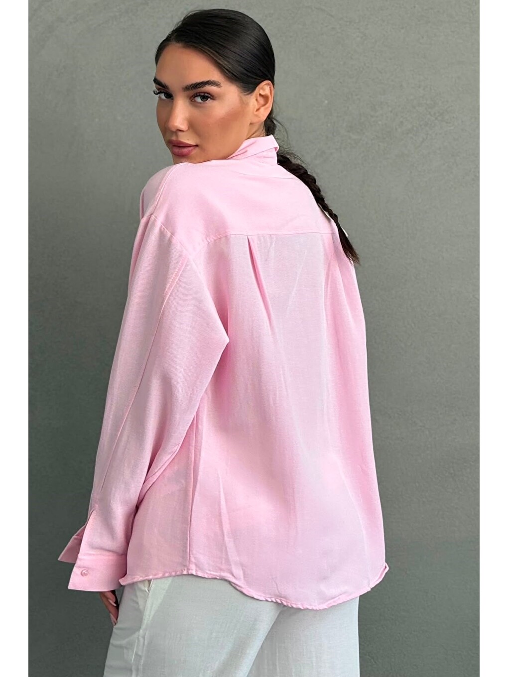 Pembe Keten Kadın Gömlek Mg2797-2