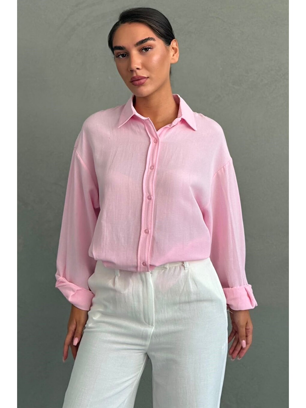 Pembe Keten Kadın Gömlek Mg2797-3