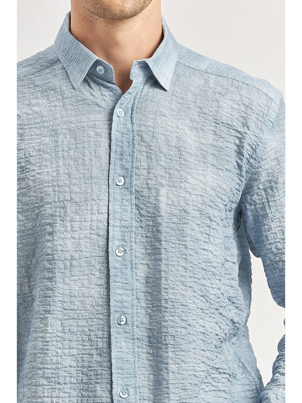 Koyu Mavi Uzun Kollu Baskılı Gofreli Cepsiz Pamuklu Elastanlı Slim Fit Gömlek 1004240100-4