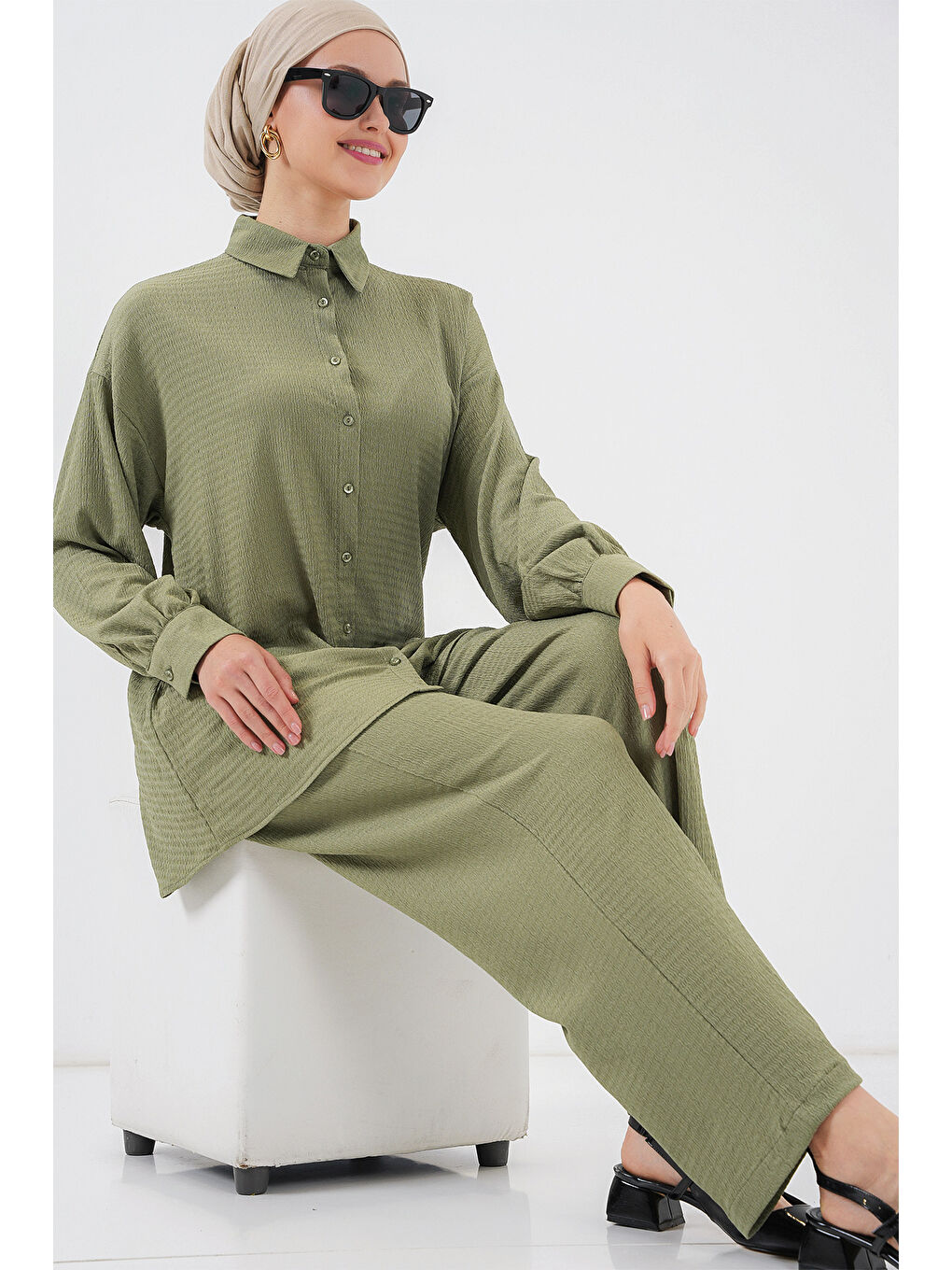 Yeşil Kadın Örme Tesettür Alt Üst Takım 6711 - Çağla