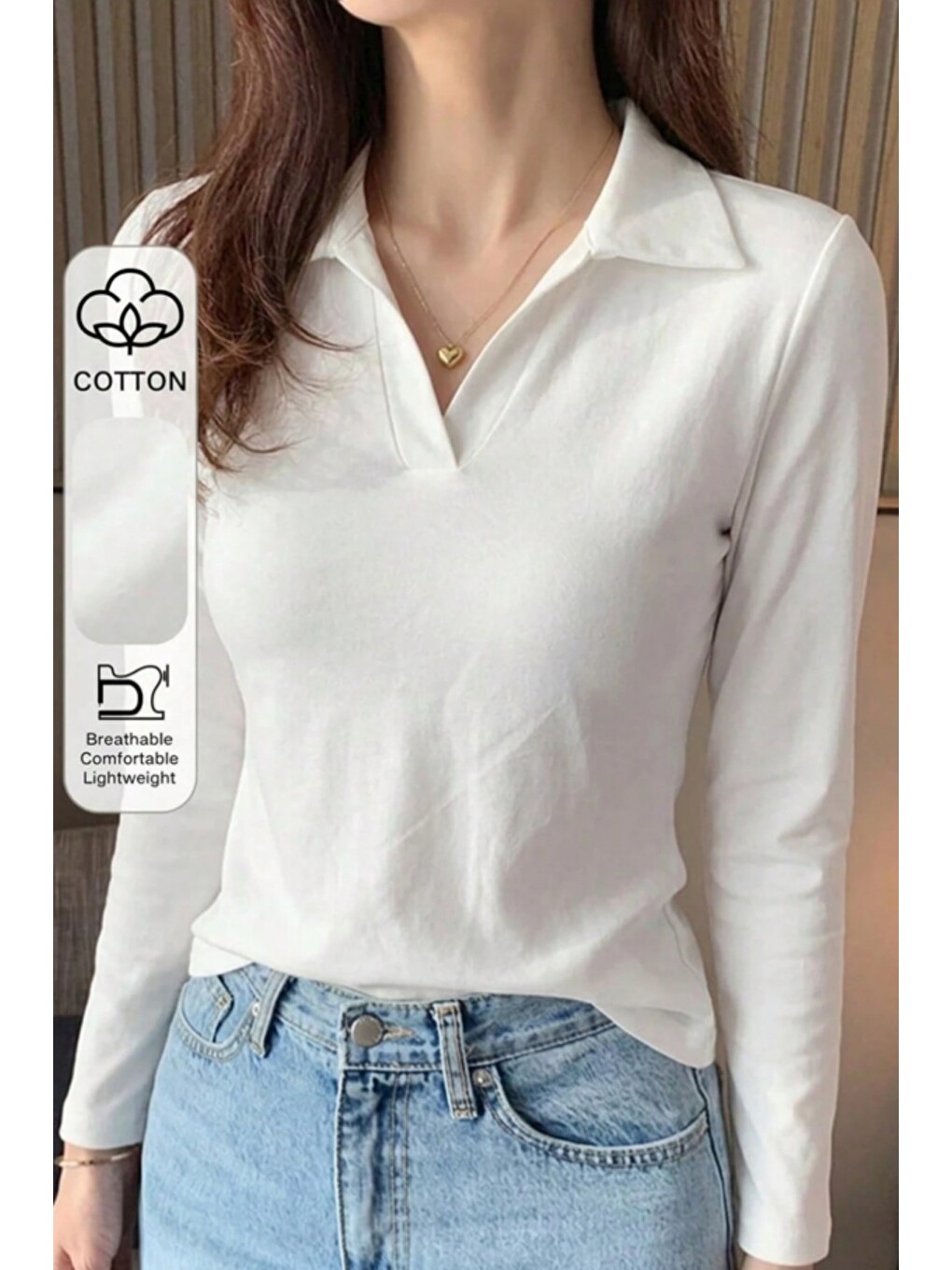 Beyaz Kadın Polo Yaka Uzun Kollu Basic Tişört %100 Pamuk Süprem Kumaş Slim Fit