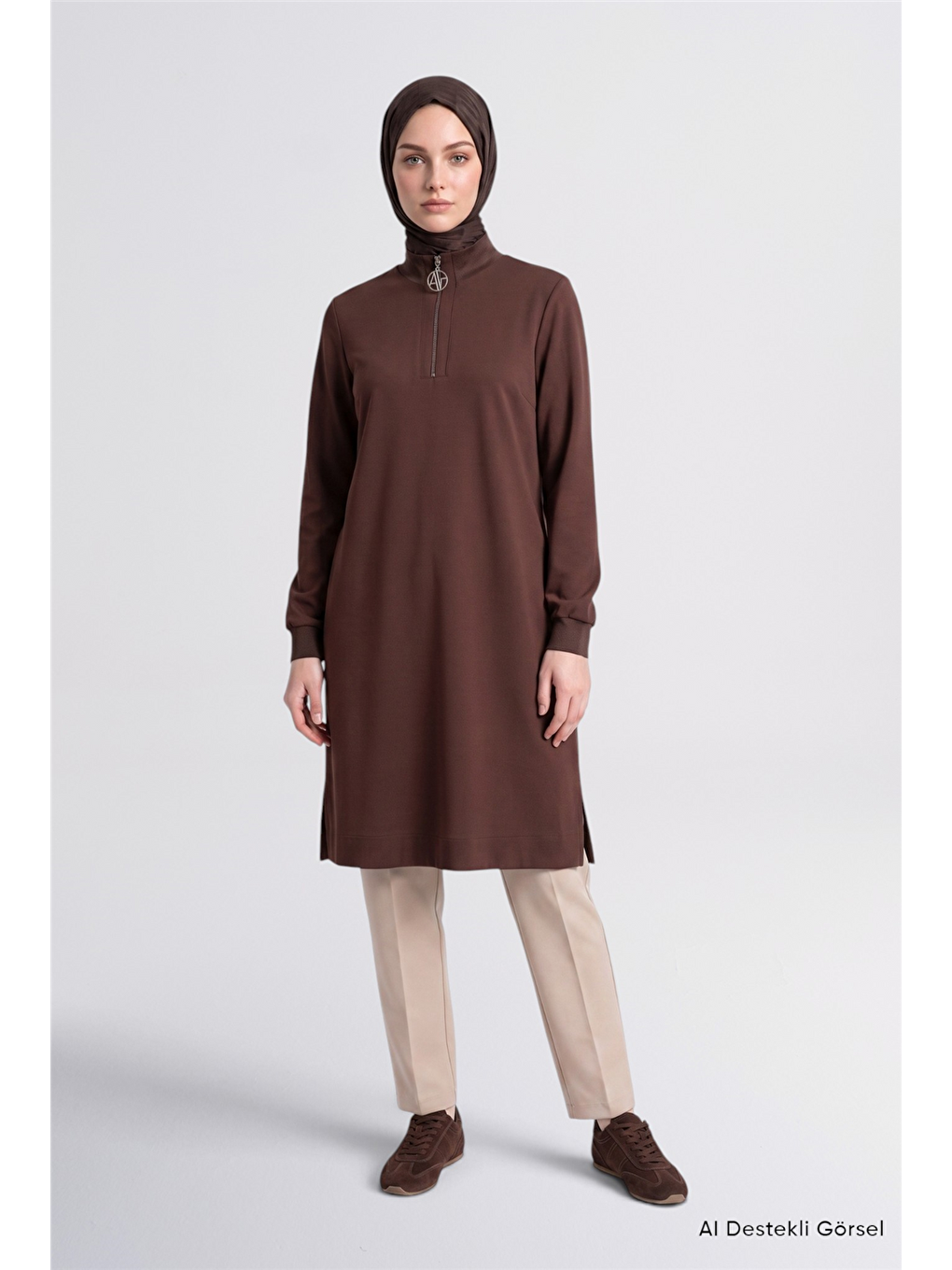 Kahverengi Fermuar Detaylı Basic Tunik Acı Kahve