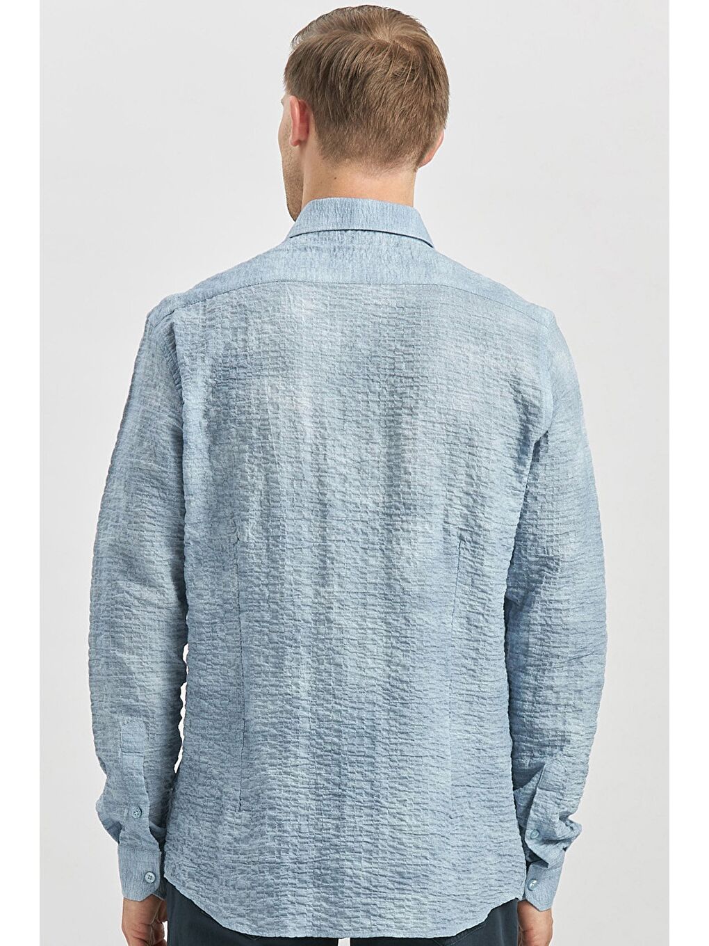 Koyu Mavi Uzun Kollu Baskılı Gofreli Cepsiz Pamuklu Elastanlı Slim Fit Gömlek 1004240100-5