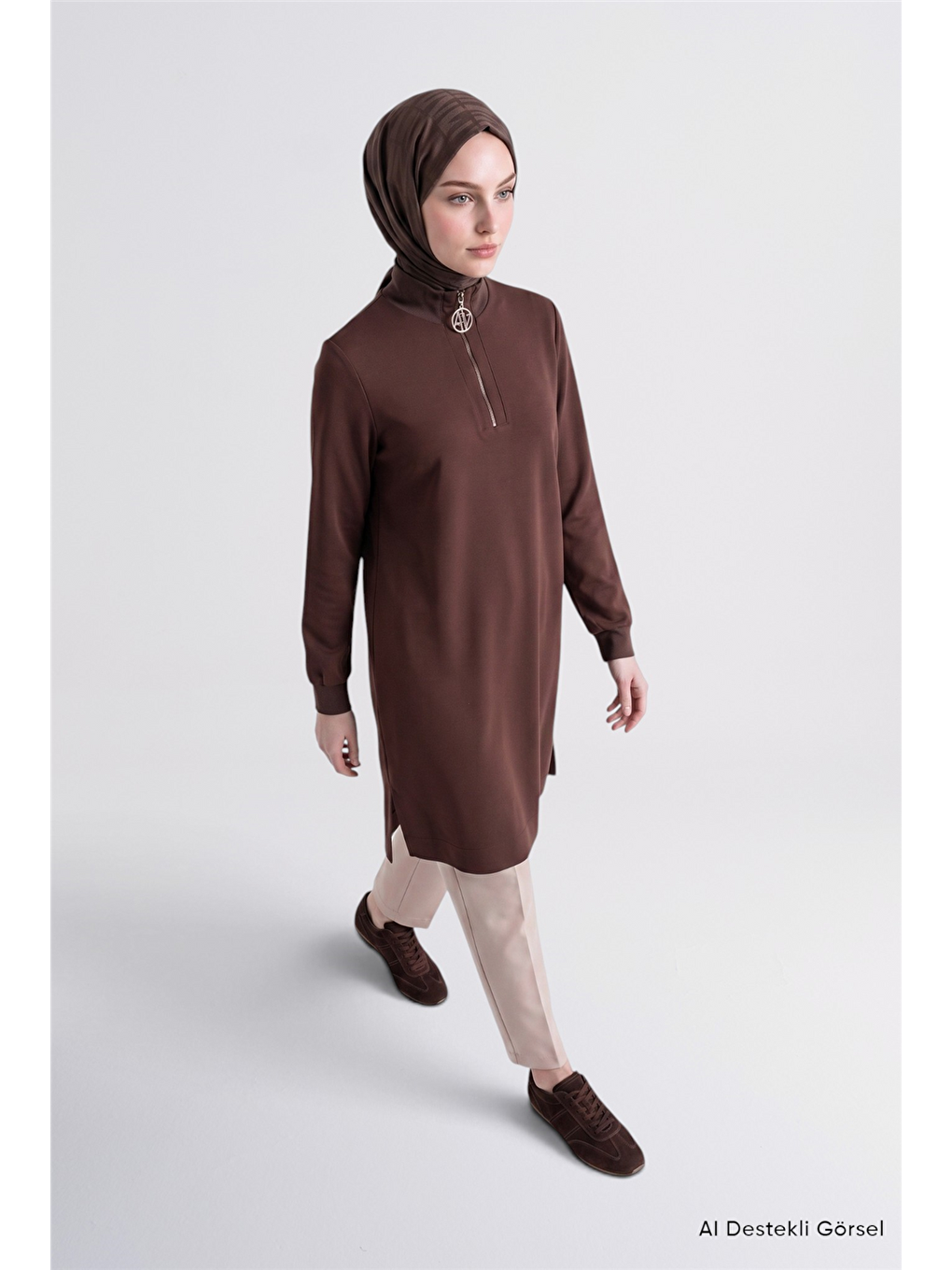 Kahverengi Fermuar Detaylı Basic Tunik Acı Kahve-1