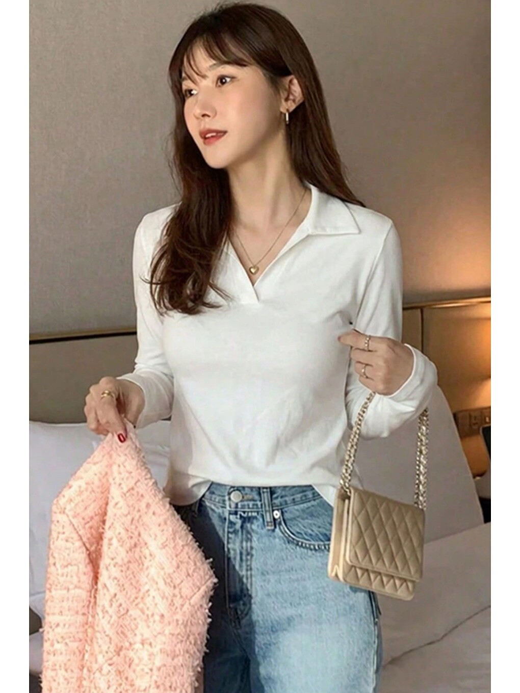 Beyaz Kadın Polo Yaka Uzun Kollu Basic Tişört %100 Pamuk Süprem Kumaş Slim Fit-2