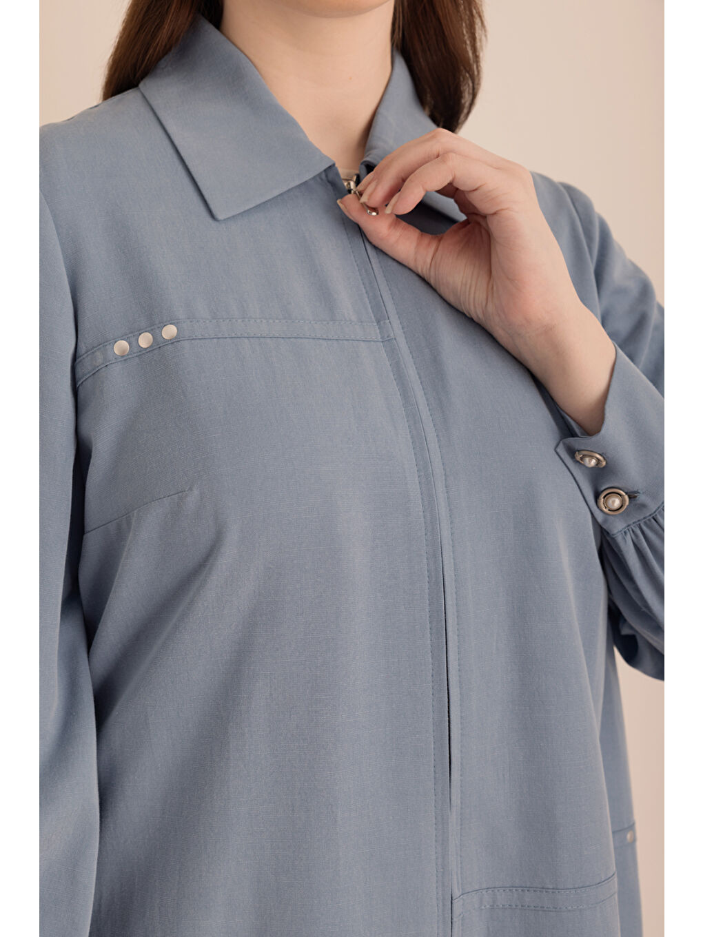 Lacivert Önden Fermuarlı Lyocell Pamuk Ferace-2