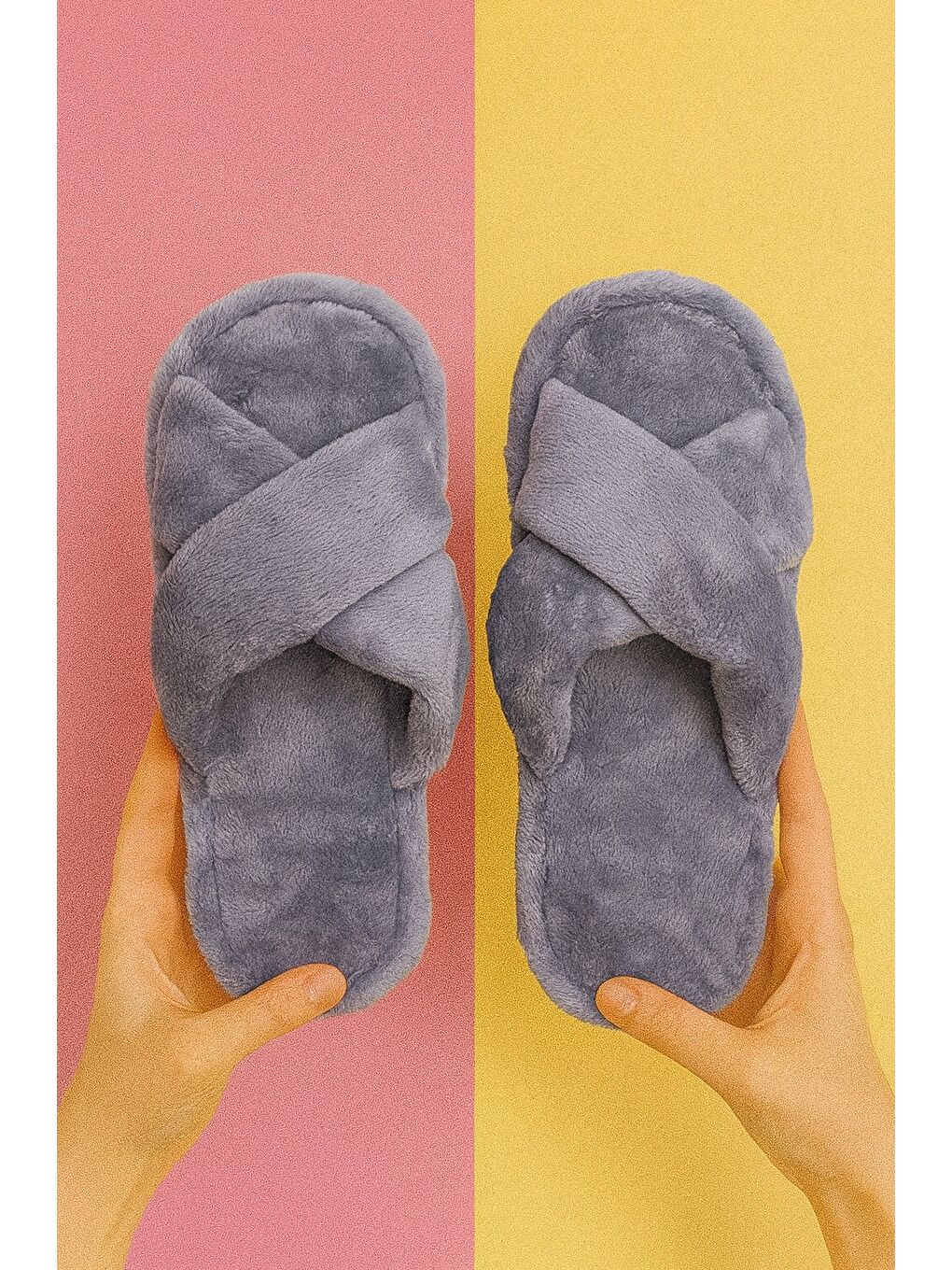 Gri SMT-02 Çapraz Kadın Ev Terliği Kışlık Yünlü Terlik-1
