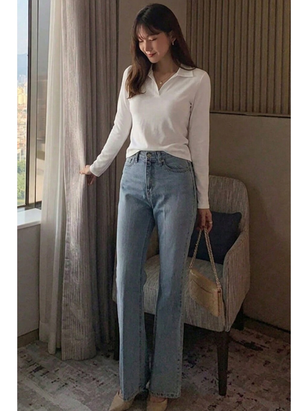 Beyaz Kadın Polo Yaka Uzun Kollu Basic Tişört %100 Pamuk Süprem Kumaş Slim Fit-3