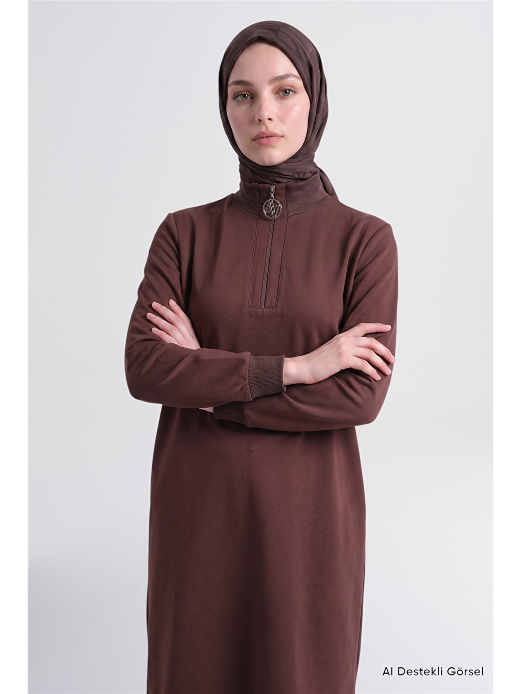 Kahverengi Fermuar Detaylı Basic Tunik Acı Kahve-2