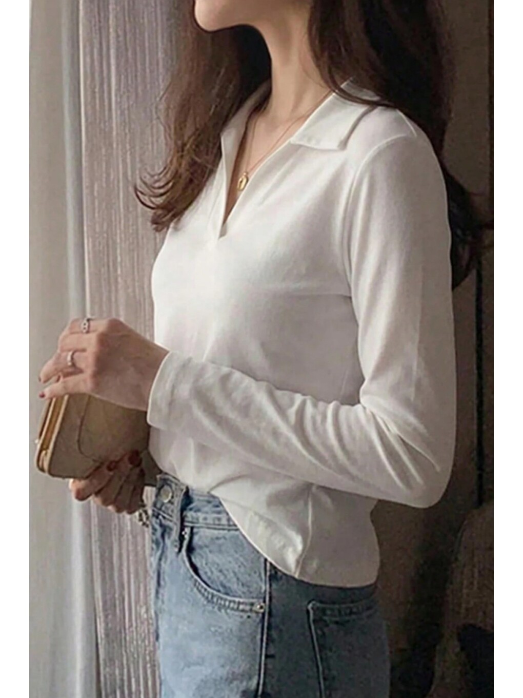 Beyaz Kadın Polo Yaka Uzun Kollu Basic Tişört %100 Pamuk Süprem Kumaş Slim Fit-4