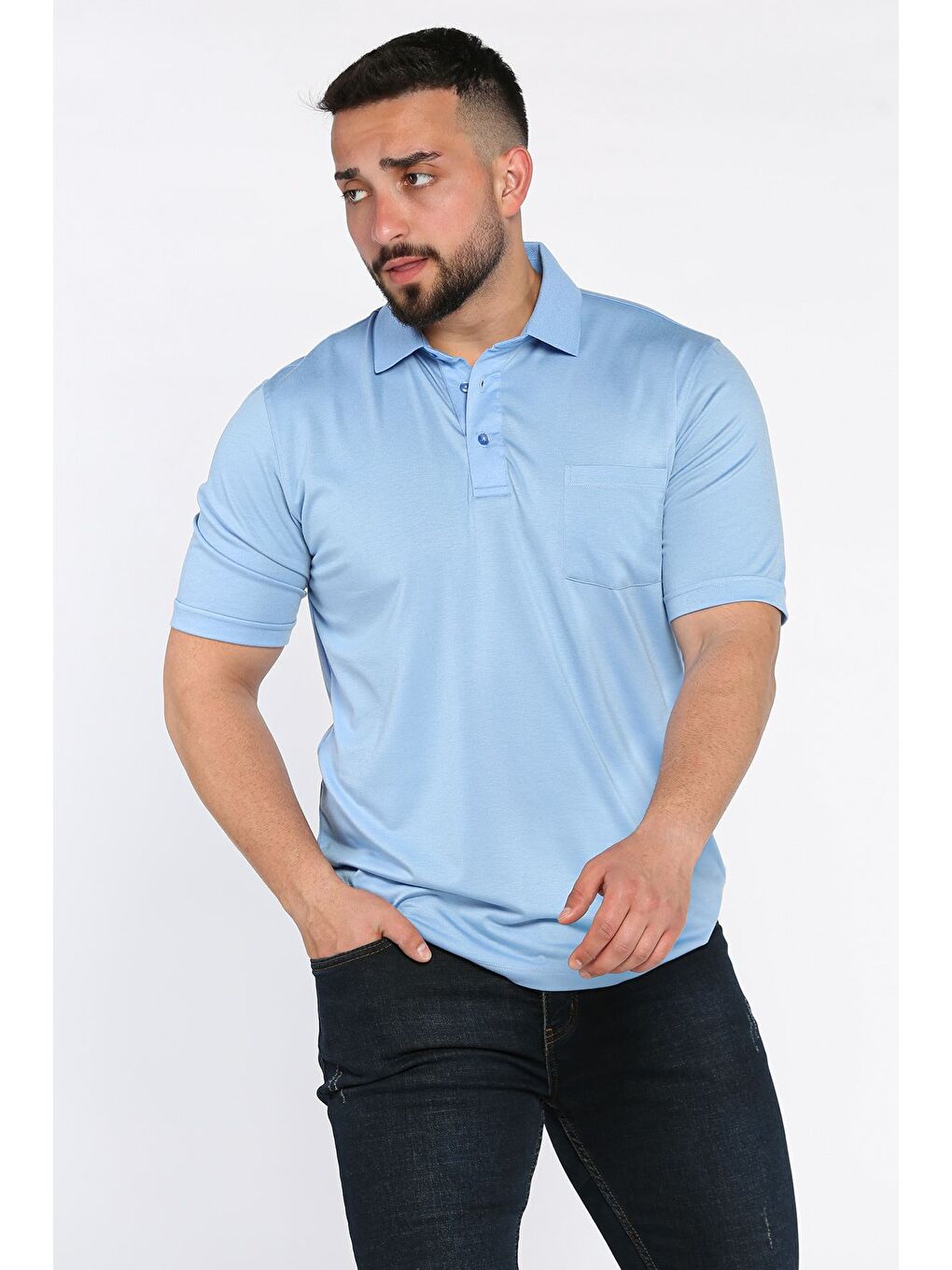 Mavi Polo Yaka Yarım Düğmeli Cepli Erkek Tişört-1