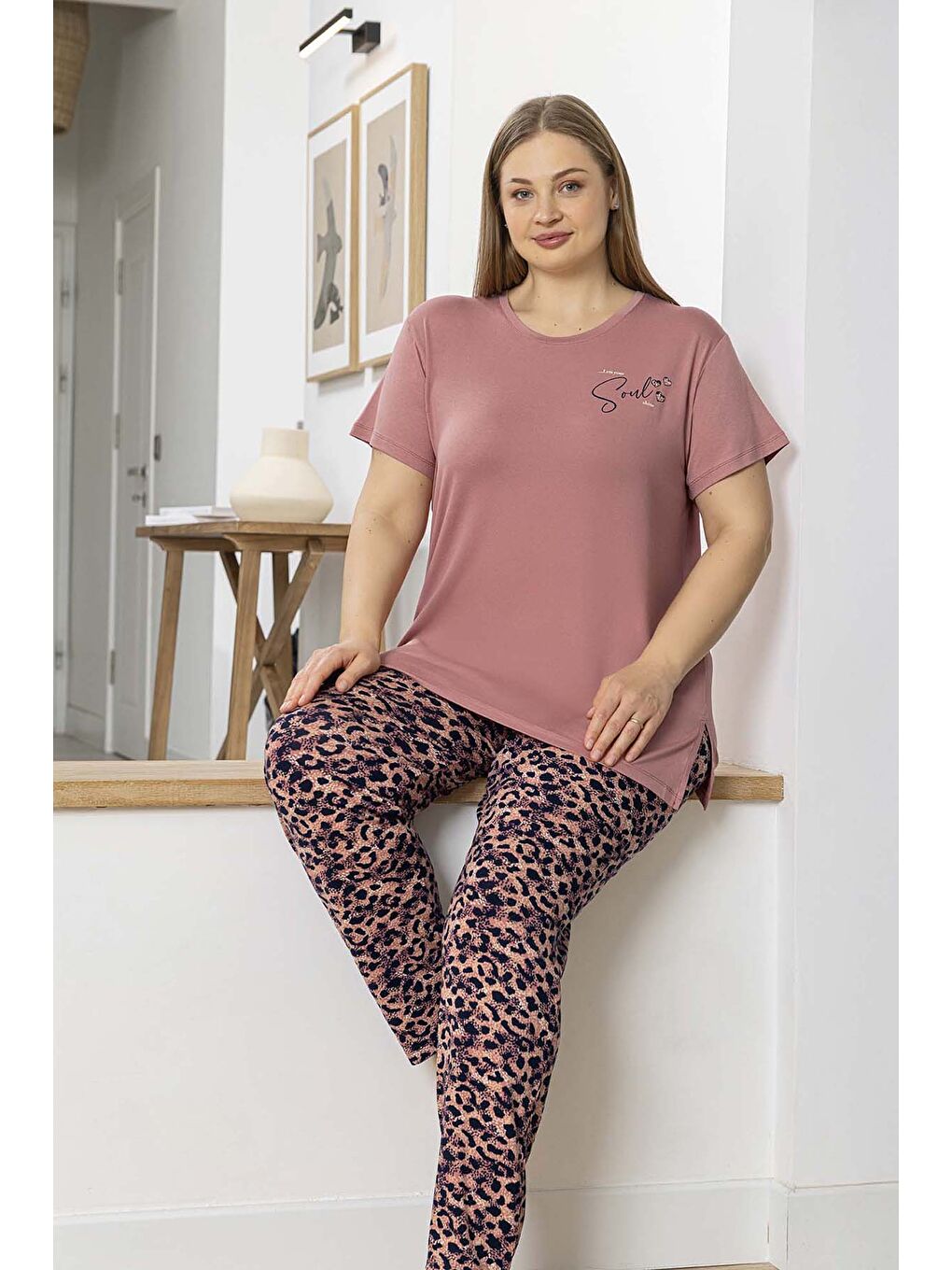 Pembe Büyük Beden Kadın Kısa Kol Viskon Pijama Takımı 260054 Gül Kurusu-3
