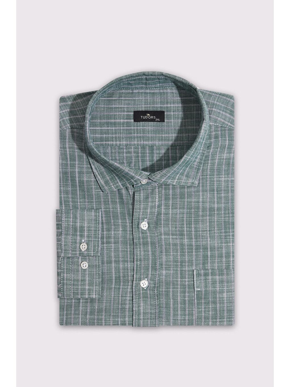 Erkek Battal Büyük Beden Uzun Kollu Çizgili Keten Efektli Spor Yaka Yeşil Gömlek