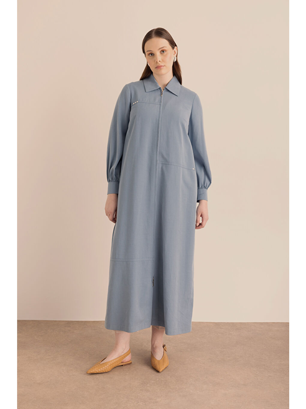 Lacivert Önden Fermuarlı Lyocell Pamuk Ferace-3