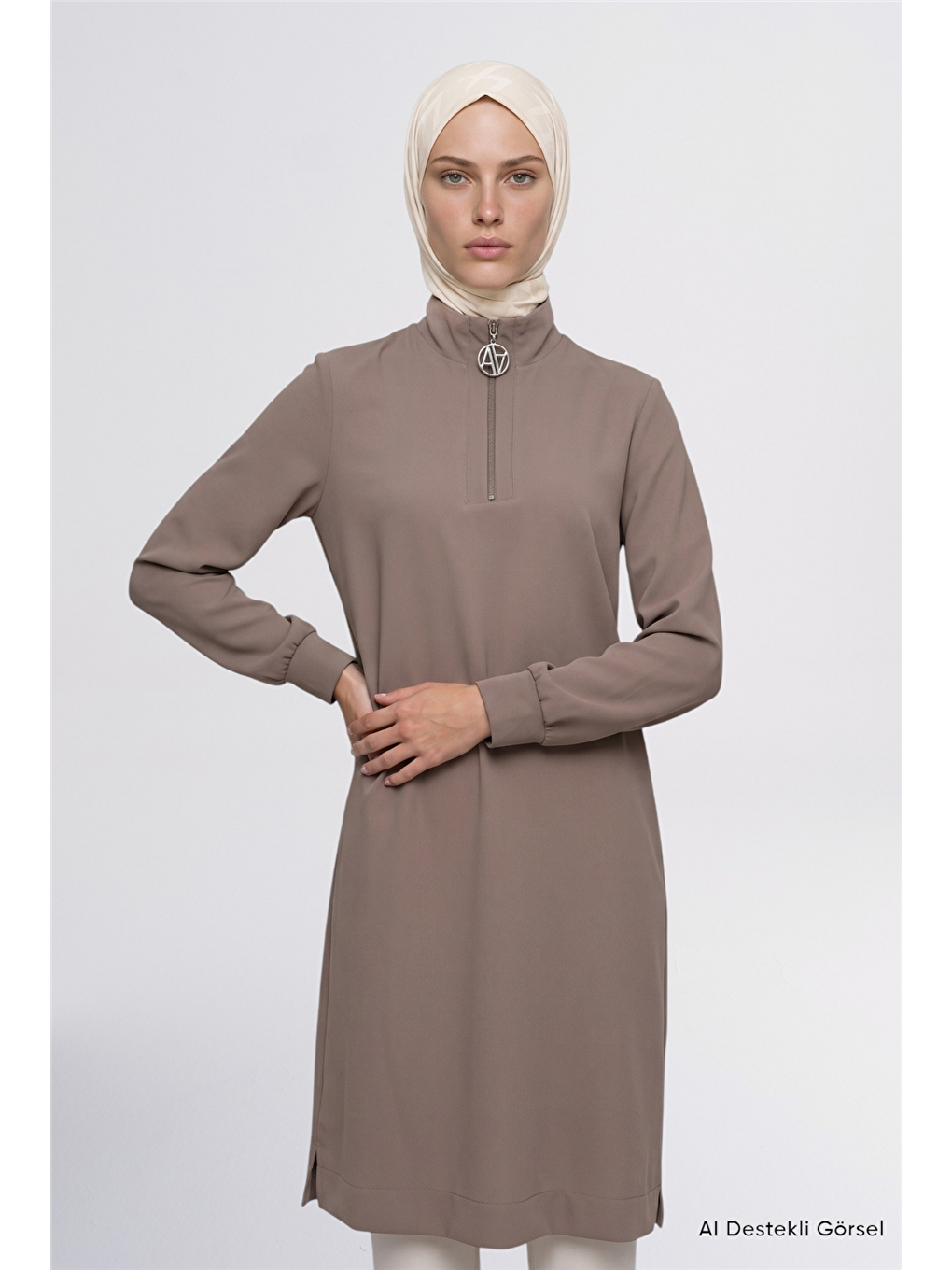 Bej Fermuar Detaylı Basic Tunik Vizon