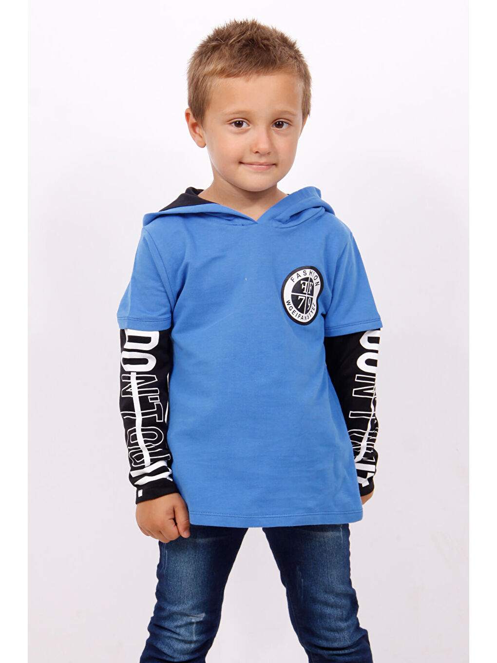 Mavi Erkek Çocuk Kapüşonlu Kolları Baskılı Sweatshirt-1