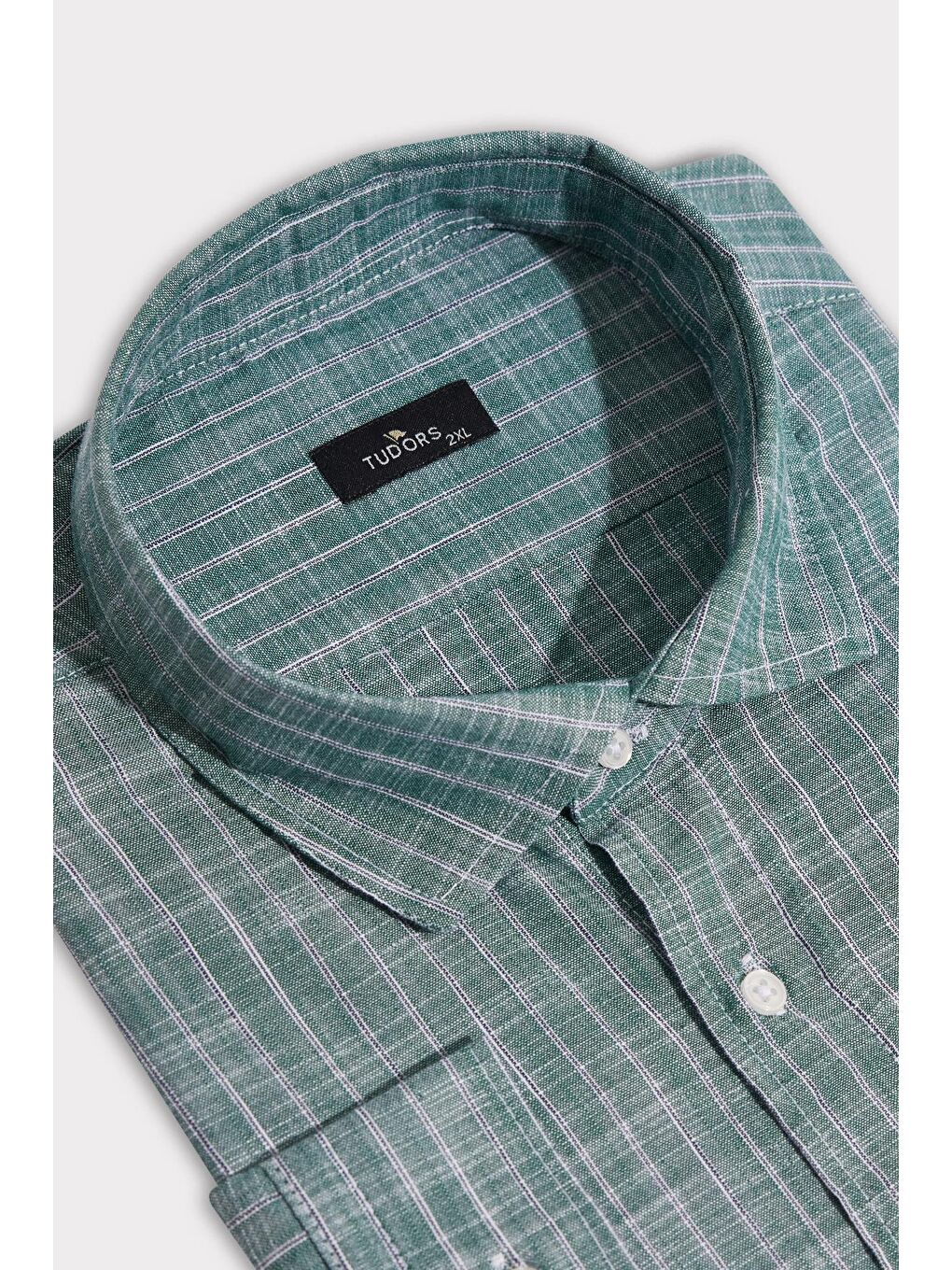 Erkek Battal Büyük Beden Uzun Kollu Çizgili Keten Efektli Spor Yaka Yeşil Gömlek-1