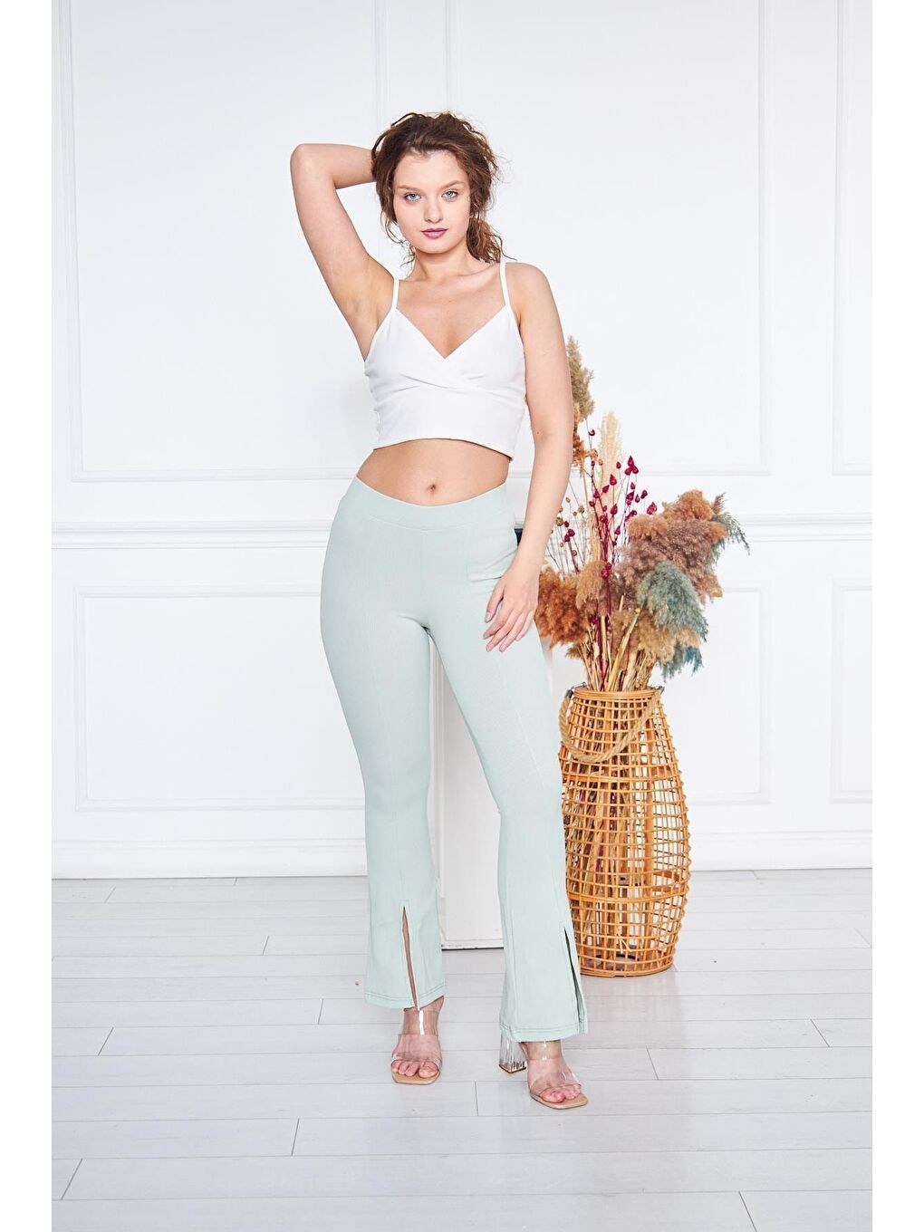 Gri Kadın Çizgili Yırtmaçlı Su Yeşili Ispanyol Paça Pantolon-2