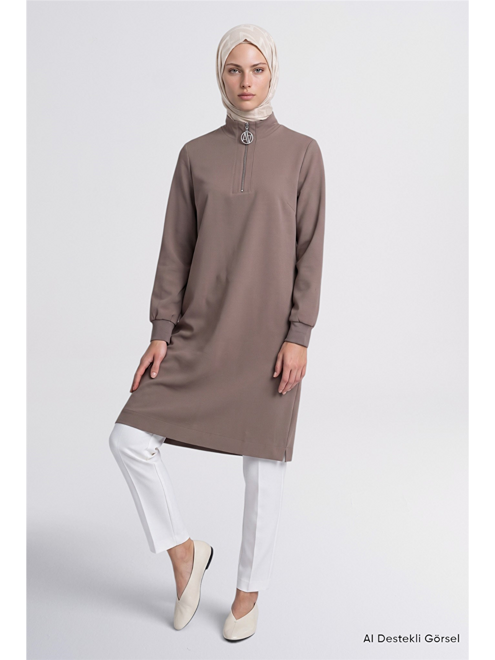 Bej Fermuar Detaylı Basic Tunik Vizon-1
