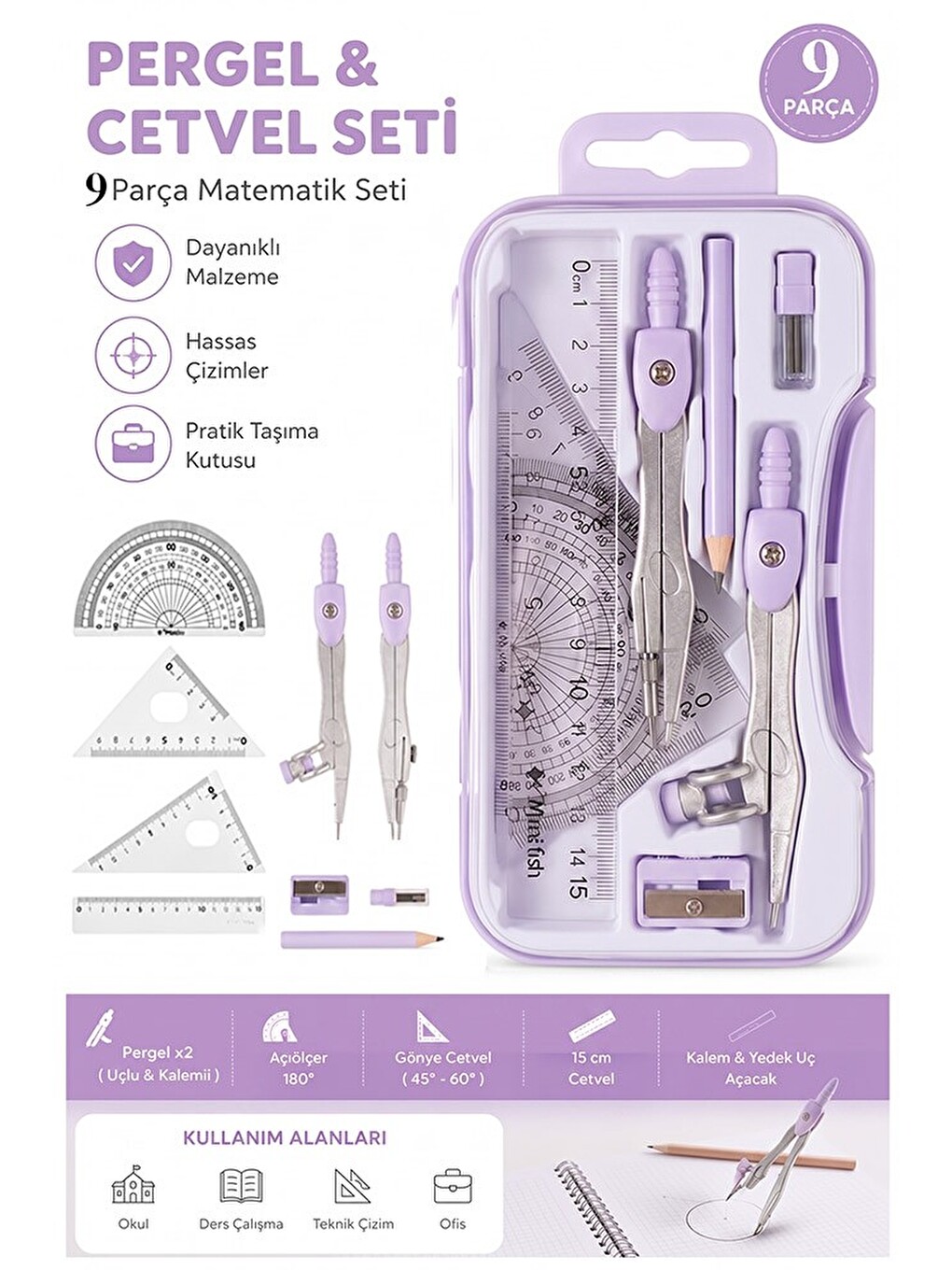 Metal Pergel Seti 9 Parça 1 Paket 9121 Profesyonel Pergel Çizim Proje Matematik Mimar Mühendis Çizim