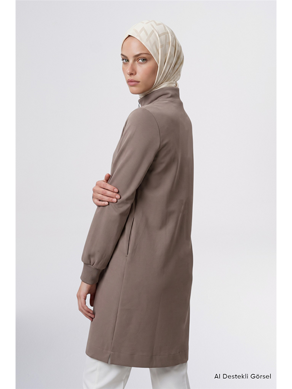 Bej Fermuar Detaylı Basic Tunik Vizon-2