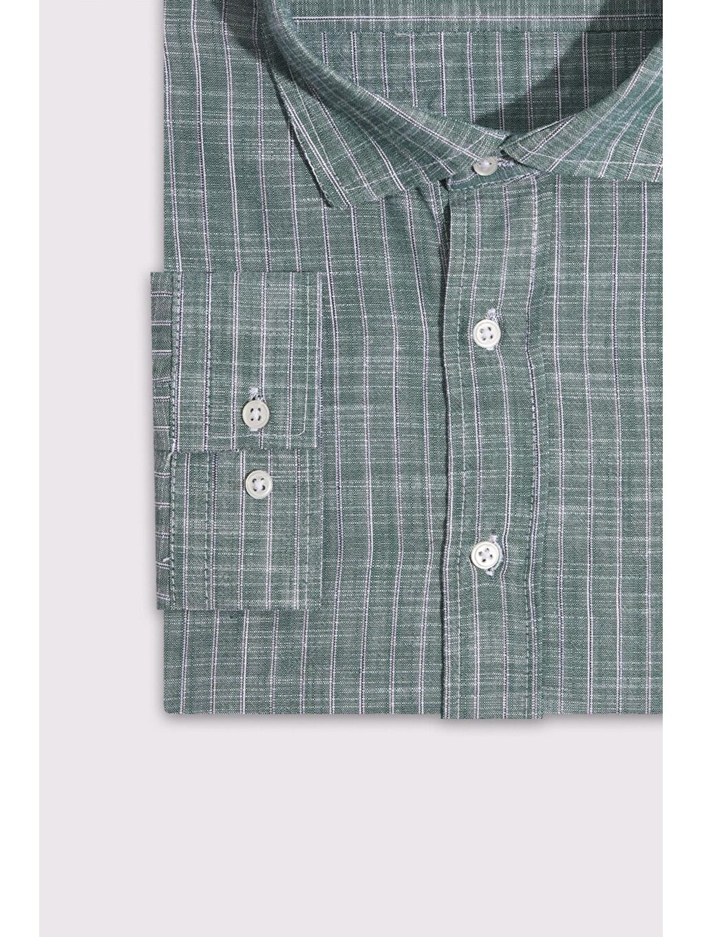 Erkek Battal Büyük Beden Uzun Kollu Çizgili Keten Efektli Spor Yaka Yeşil Gömlek-3