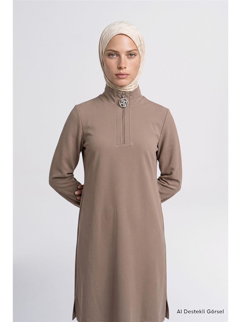 Bej Fermuar Detaylı Basic Tunik Vizon-3