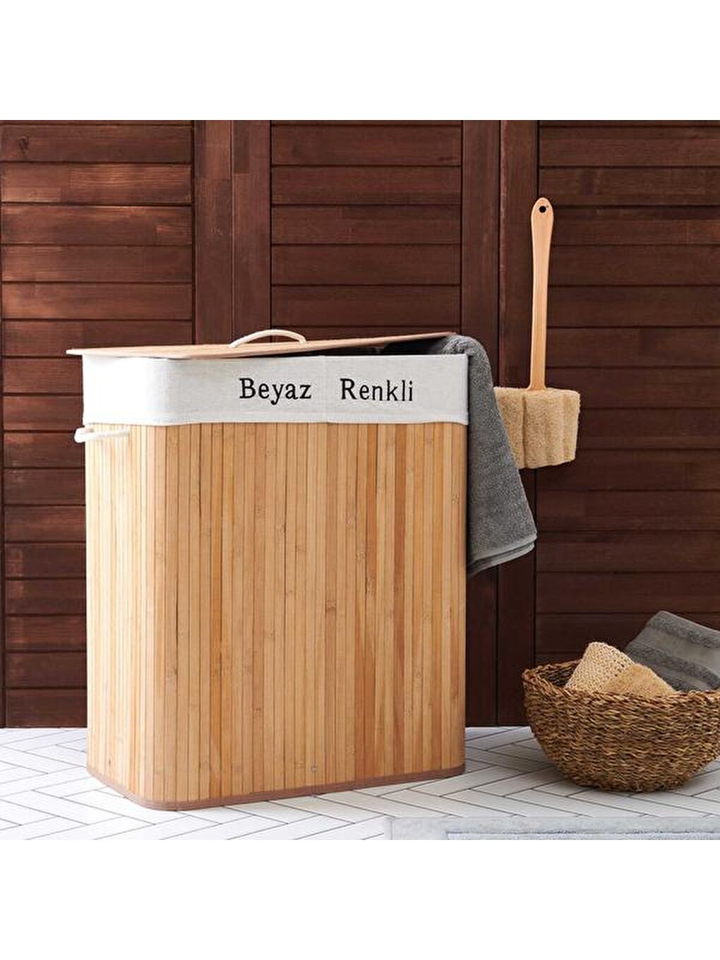 Bambu Natürel Çift Hazneli Çamaşır Sepeti - Bej
