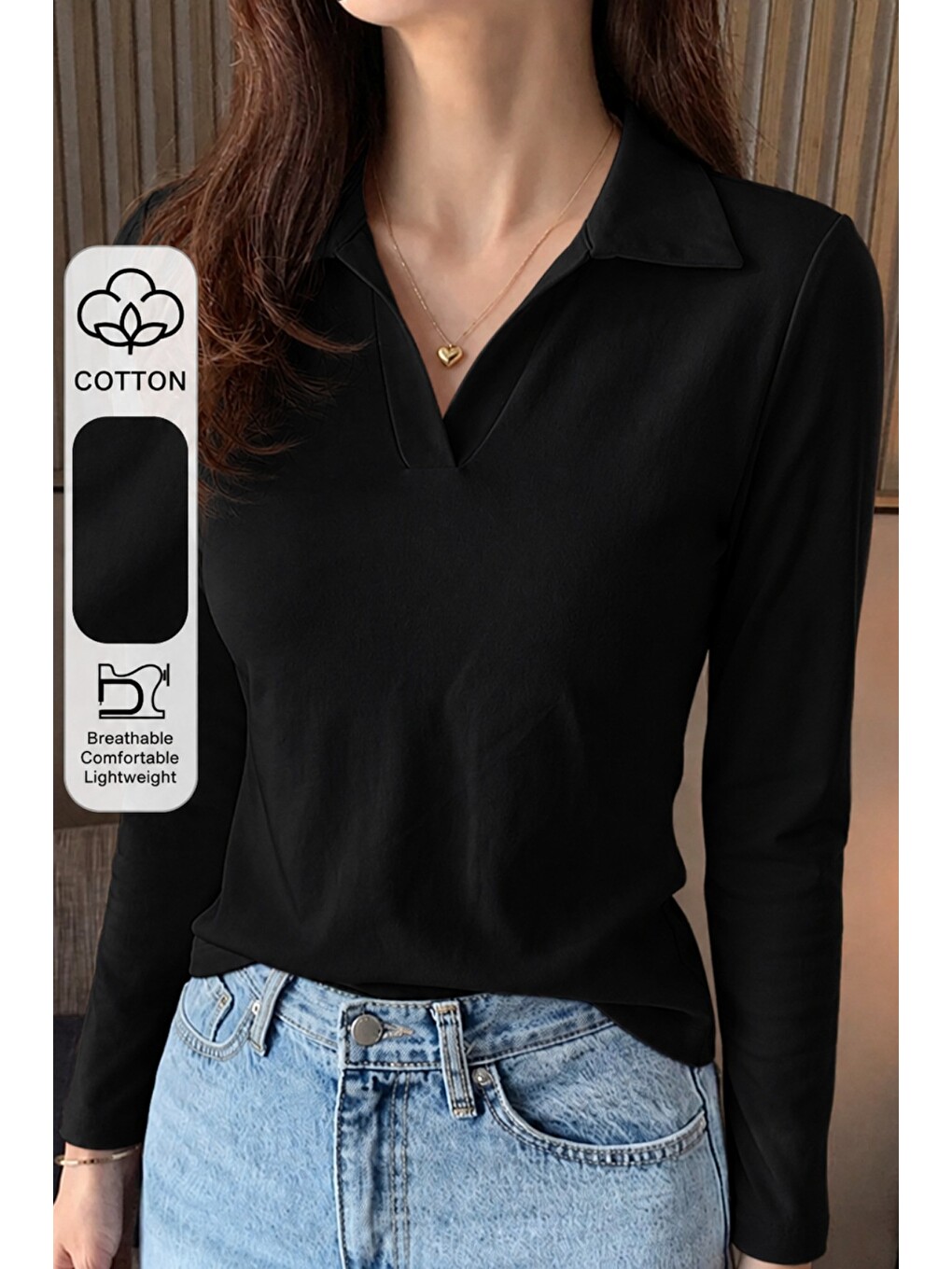 Siyah Kadın Polo Yaka Uzun Kollu Basic Tişört %100 Pamuk Süprem Kumaş Slim Fit