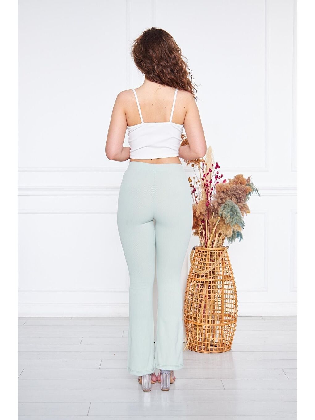 Gri Kadın Çizgili Yırtmaçlı Su Yeşili Ispanyol Paça Pantolon-3