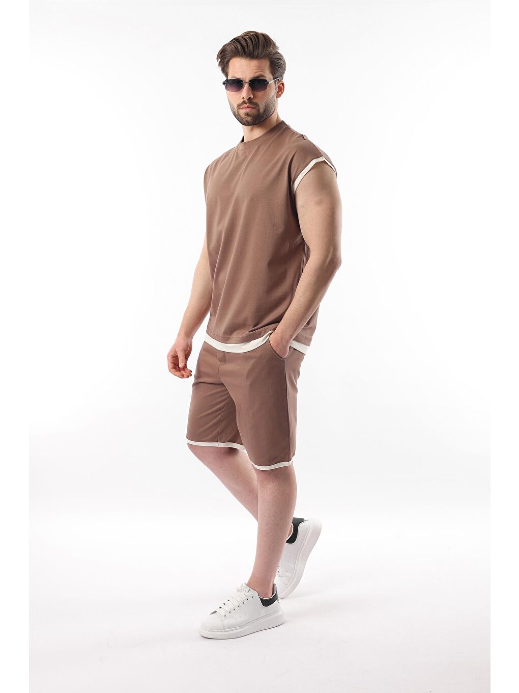 Bej Vizon Sıfır Kol Erkek Şort Tişört Takım E7308