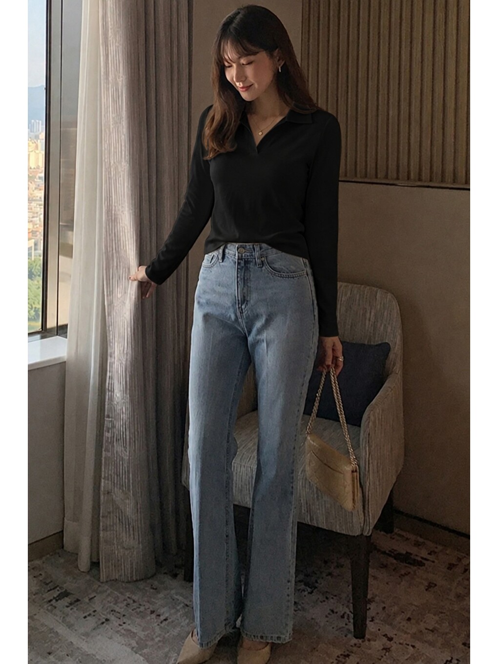 Siyah Kadın Polo Yaka Uzun Kollu Basic Tişört %100 Pamuk Süprem Kumaş Slim Fit-2